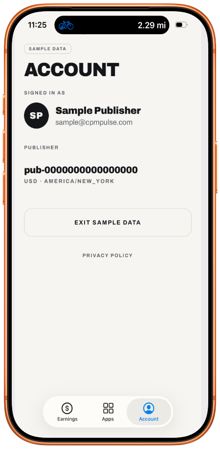 Account screen showing the signed-in publisher