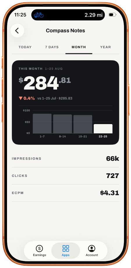Per-app earnings for Compass Notes, month view