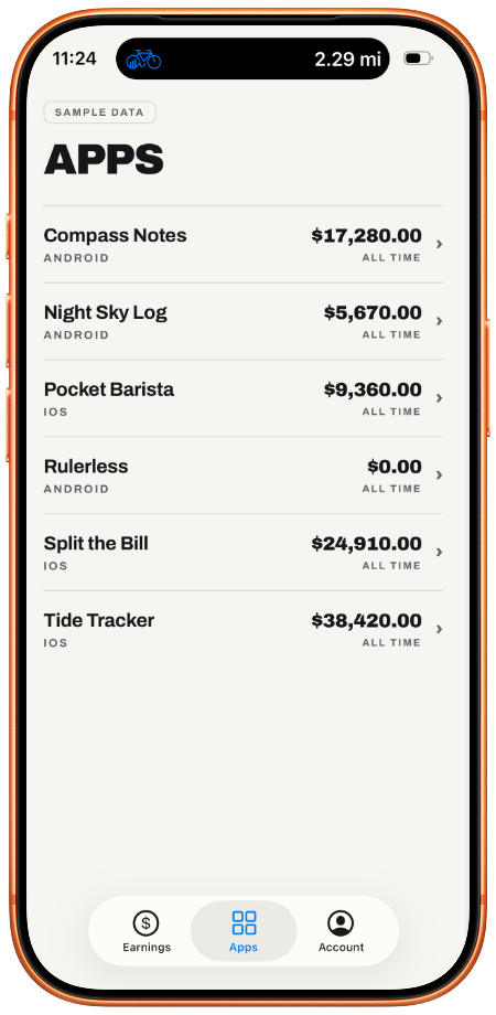 Apps list with all-time earnings for each app