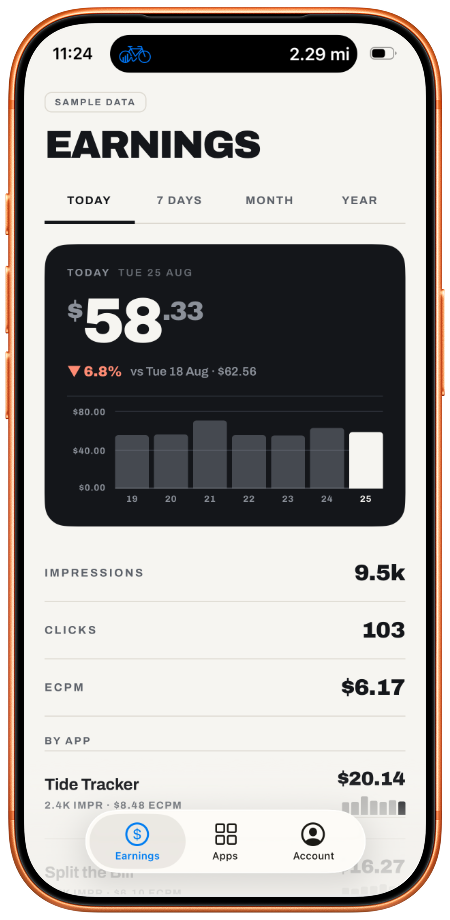 Earnings screen showing today's AdMob revenue, impressions, clicks, and eCPM